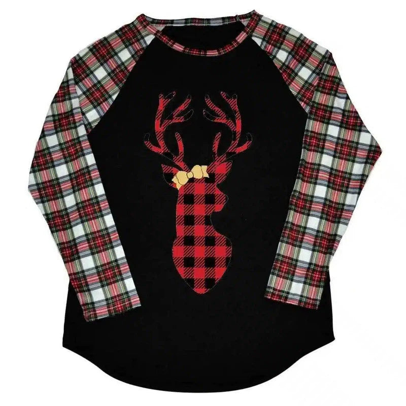 Reindeer Graphic Long Sleeve Casual Top-Black-1