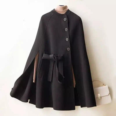 Chic Women's Cape Coat with Waist Tie-Black-1