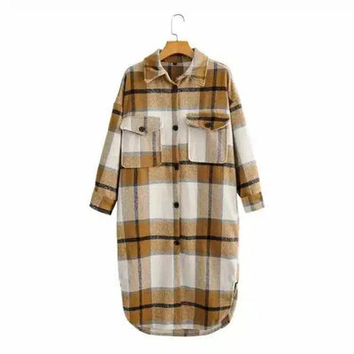 Contrasting Plaid Casual Fashion Simple Long Woolen Coat-Khaki-4