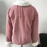 Corduroy lambskin padded jacket long-Dark pink-3