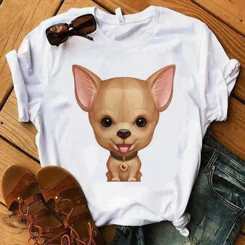 Cute Dog Print Casual T-Shirt for Summer-White4-5