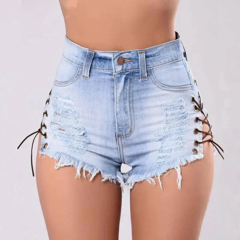 Cutoff Side Lacing Jeans Shorts-10