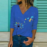 Women's Floral V-Neck Long Sleeve Tee-Blue-5