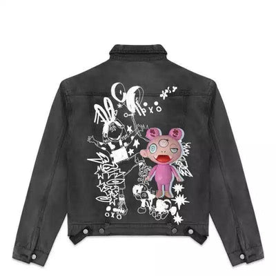 Doll with hand-painted lapel denim jacket-Black-2