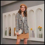 Women's Plaid Double-Breasted Blazer Jacket-Yellow-3