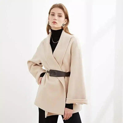 Double sided cashmere coat with wool belt-Beige-2