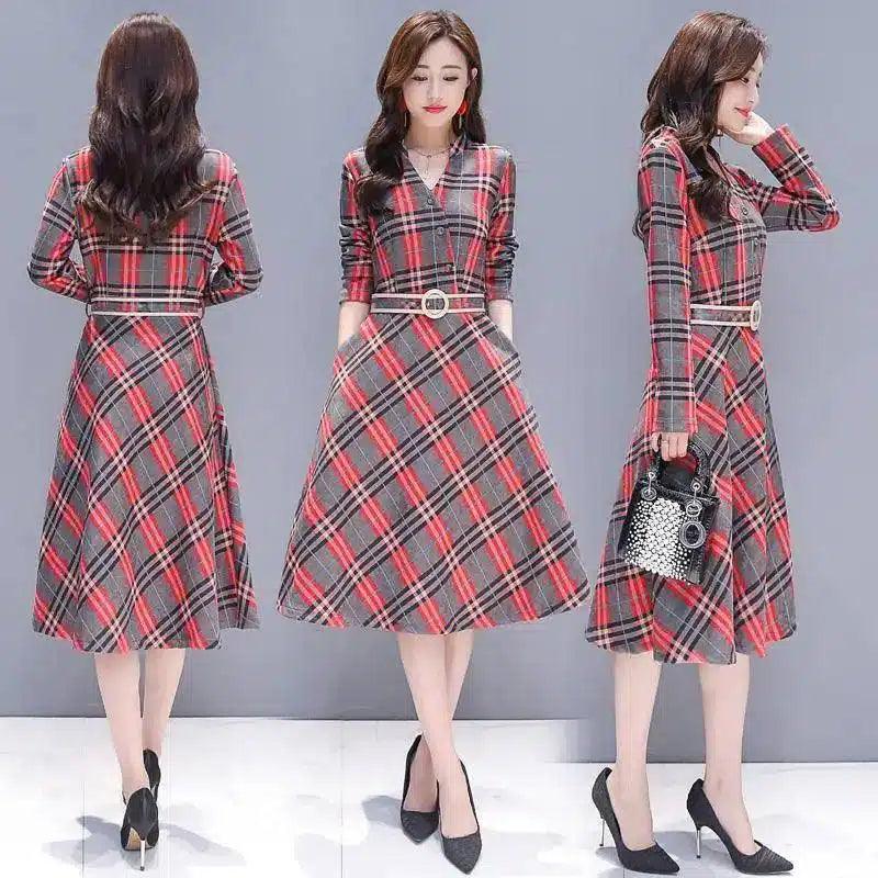 Plaid Belted Midi Dress with 3/4 Sleeves-Red box-1