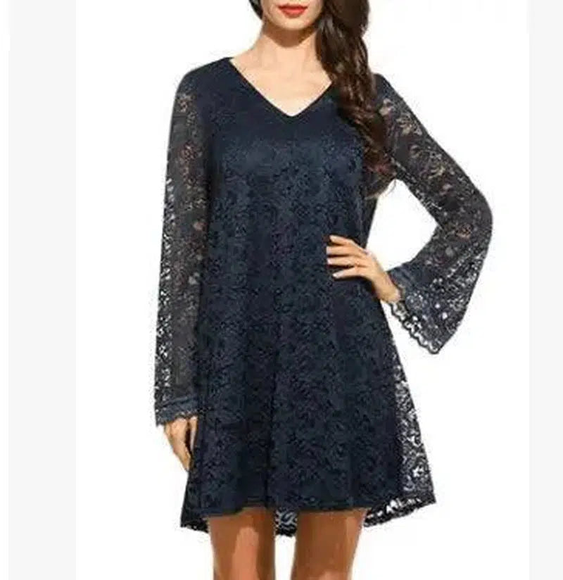 Elegant lace dress summer V-neck large size dress-darkblue-36