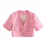 Fashion Patch Pockets Short Casual Blazer-Pink-2