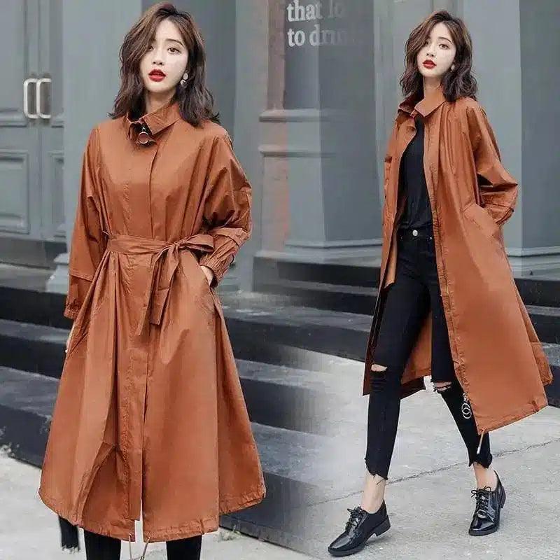 Womens Long Trench Coat with Belt-Brown-1