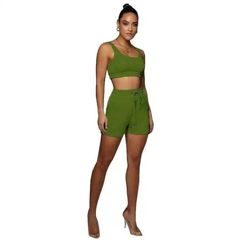 Women's Crop Top and Shorts Set-Green-4