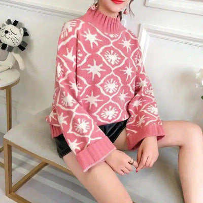 Women's Patterned Knit Sweater - Cozy & Stylish-Pink-4