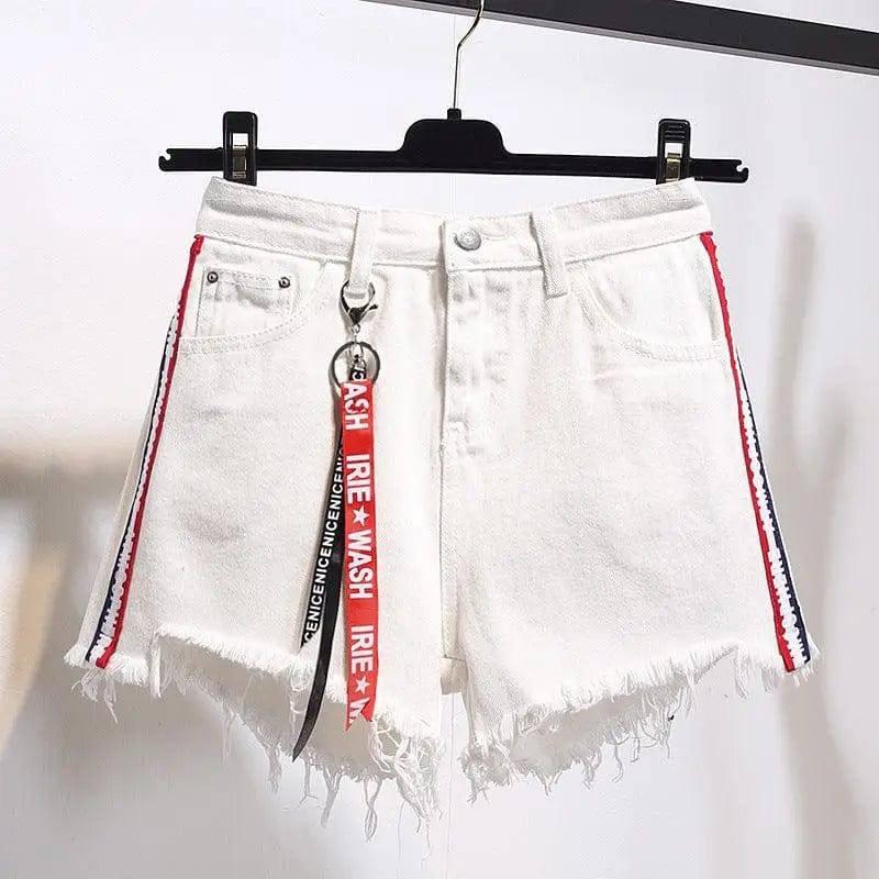 High waist denim shorts female summer dress fat mm loose 200-White-11