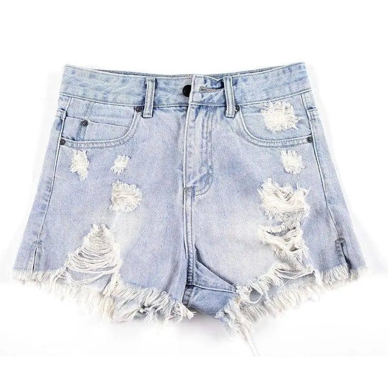 High Waist Ripped Denim Shorts-Lightblue-36