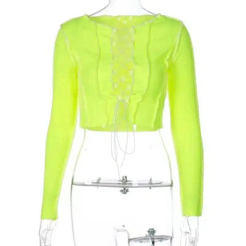 Lace-Up Long Sleeve Cropped Top-1Green-3