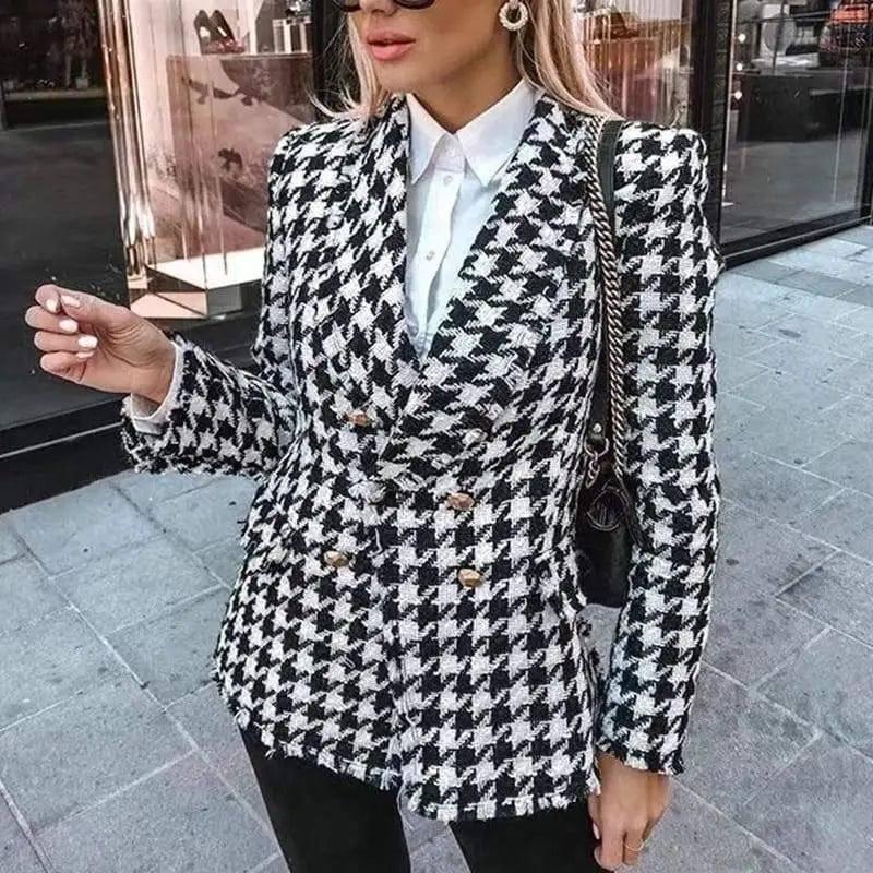 Houndstooth jacket women autumn retro thick plaid jacket-1