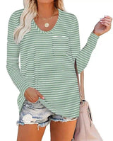 Women's Striped Long Sleeve T-Shirt with Pocket-Green-2