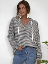 Striped Hooded Pullover with Front Pocket-Gray and white-4