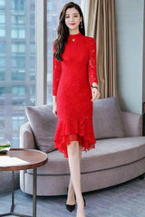 Elegant Lace Midi Dress with Ruffle Hem-Red-3