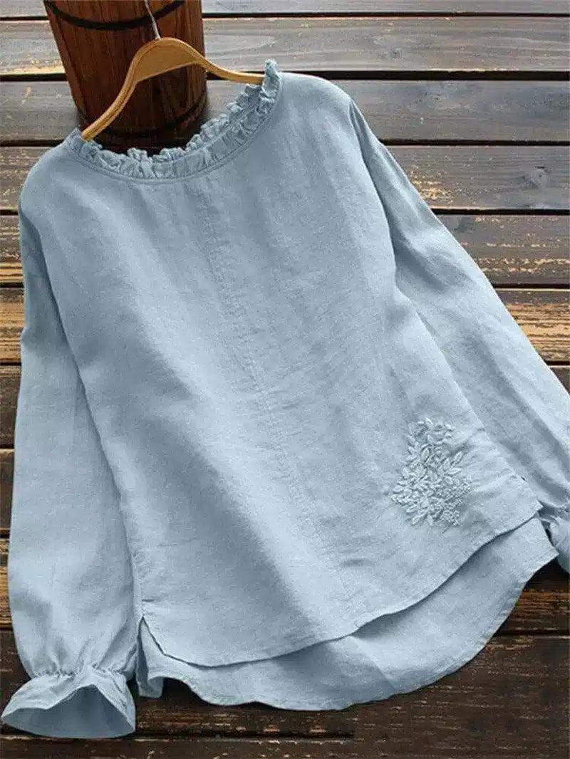 Women's Casual Long Sleeve Linen Blouse-Blue-3