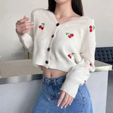 Cherry Embroidered Crop Cardigan with Button-Up Front-White-2