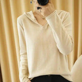 Women's V-Neck Hooded Casual Sweater-Beige-4