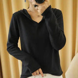 Women's V-Neck Hooded Casual Sweater-Black-6