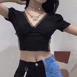 Lace Trim V-Neck Crop Top for Casual Wear-1