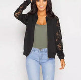 Lace Sleeve Zip-Up Casual Jacket for Women-Black-3