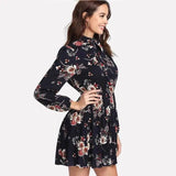 Lace-up long-sleeved elastic waist print dress-6