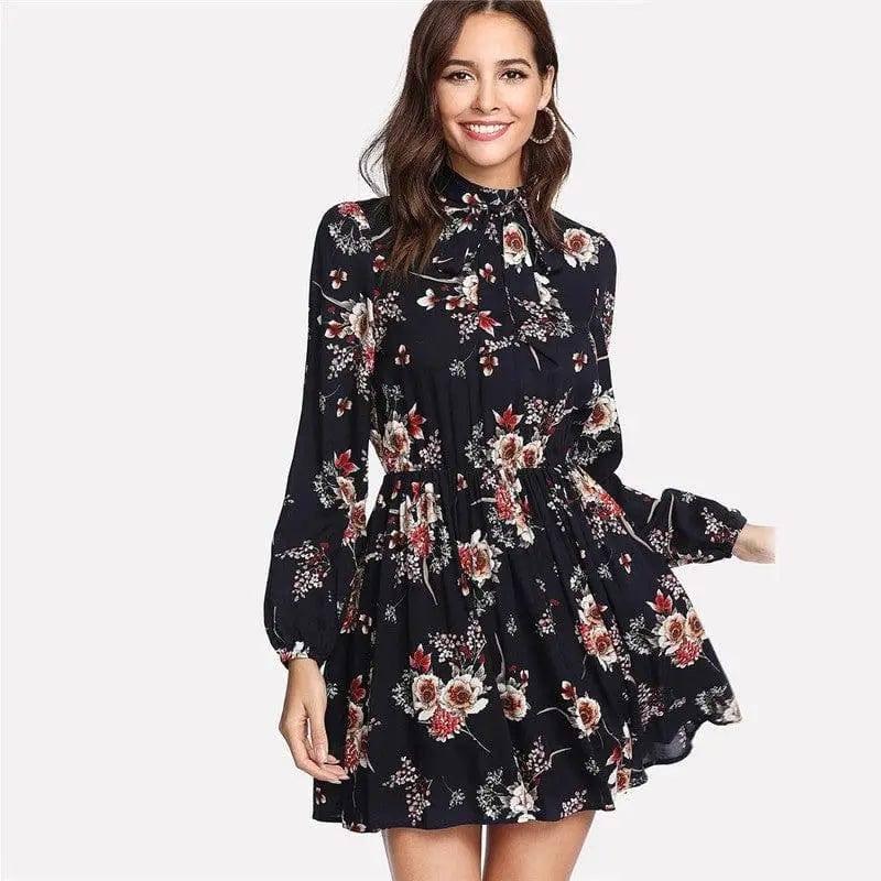 Lace-up long-sleeved elastic waist print dress-darkblue-8