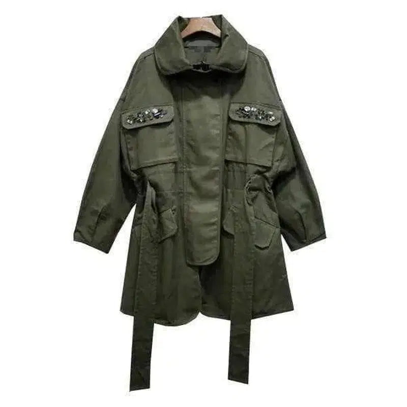 Lace Waist Long-Sleeved Tooling Jacket Women-Army Green-1