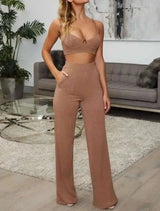 Women's Ribbed Knit Halter Top and Pants Set-Khaki-1