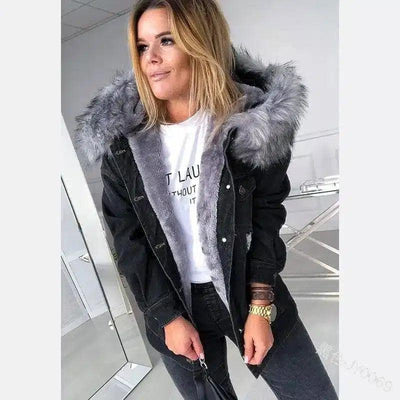 Fluffy Denim Jacket with Faux Fur Hood-Black-2