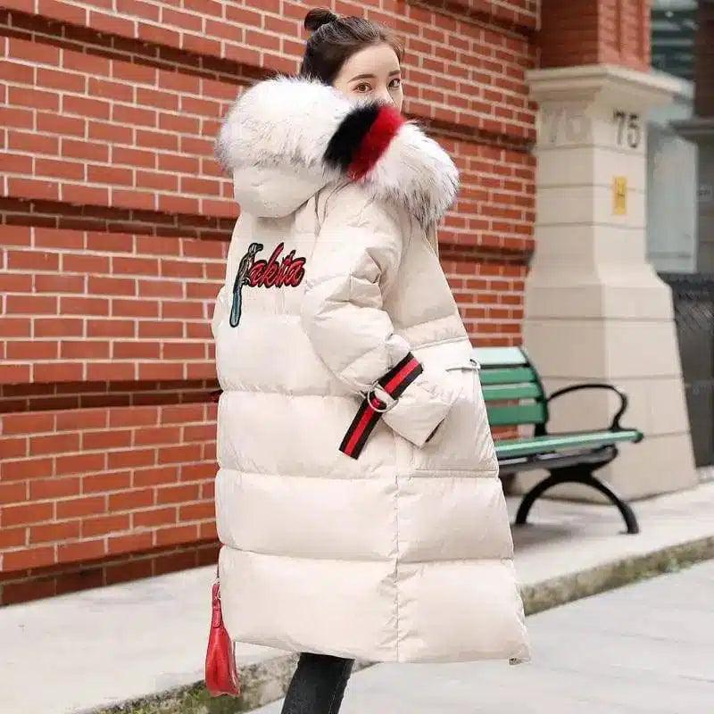 Large fur collar mid-length down jacket-Beige-3