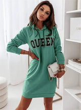 Long Sleeve Hooded Letter Sports Casual Dress-Green-4