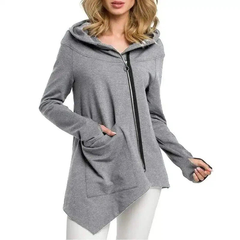 Women's Zippered Asymmetrical Hoodie-Light grey-1