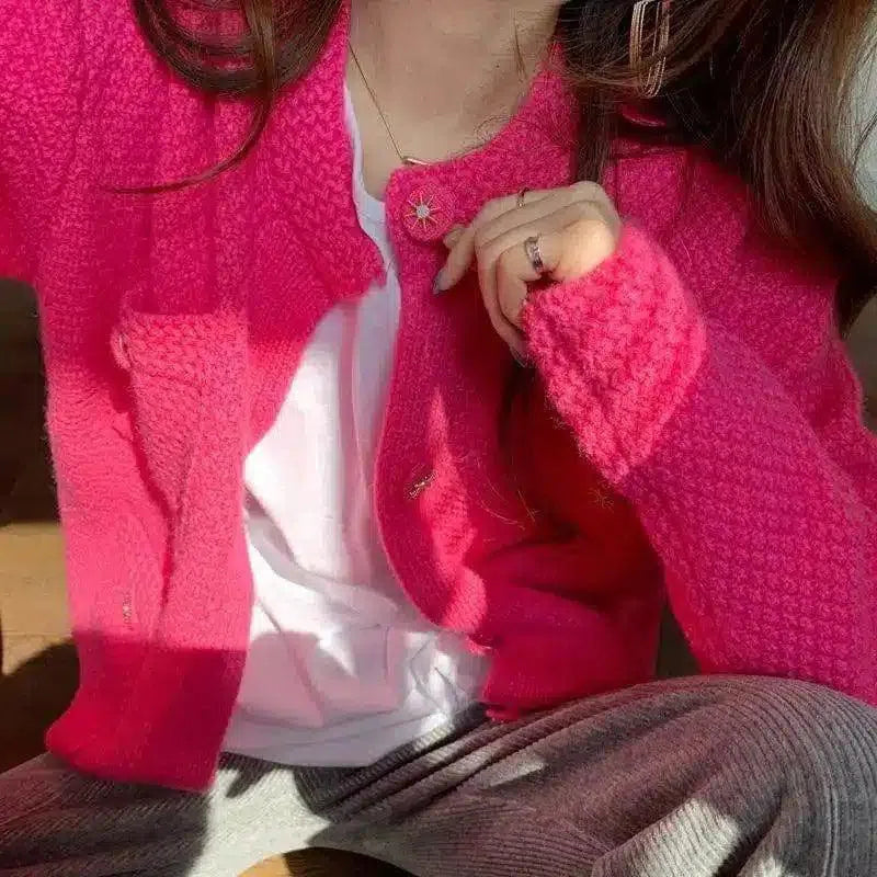 Warm Knit Cardigan with Pockets for Women-Red-3