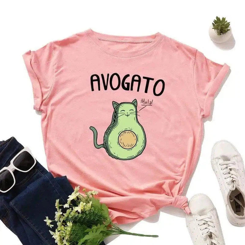 Cat Avocado Pun Graphic Tee for Casual Wear-12STYLE-1