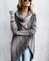 Warm Striped Women's Cardigan with Fringe-Gray stripe-2