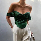 Off-Shoulder Satin Blouse & High-Waist Pants-Green-2