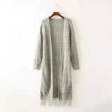 Long Knit Cardigan with Fringe Detail-Gray-2