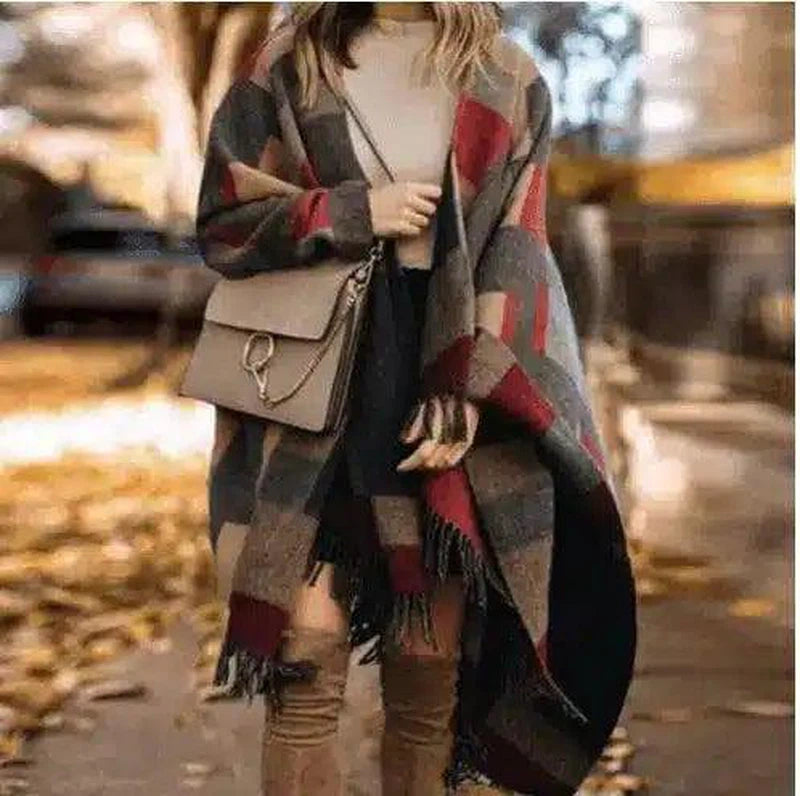 Plaid Cloak Shawl Dual-Use Woolen Scarf Jacket Shawl Women-2