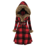 Plaid fur collar coat-Red-1