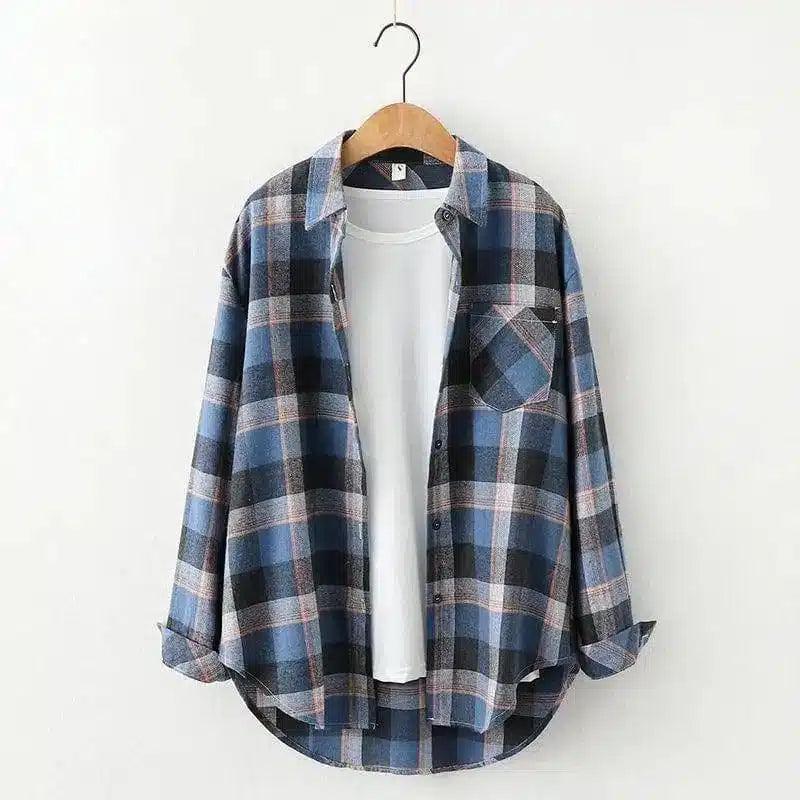 Plaid Cotton Casual Shirt with Pocket-Big Langer-14