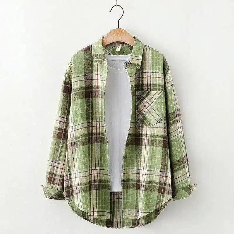 Plaid Cotton Casual Shirt with Pocket-Big green grid-16