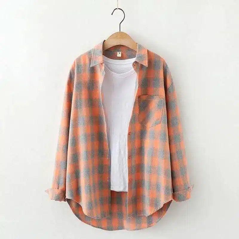 Plaid Cotton Casual Shirt with Pocket-Orange grid-19