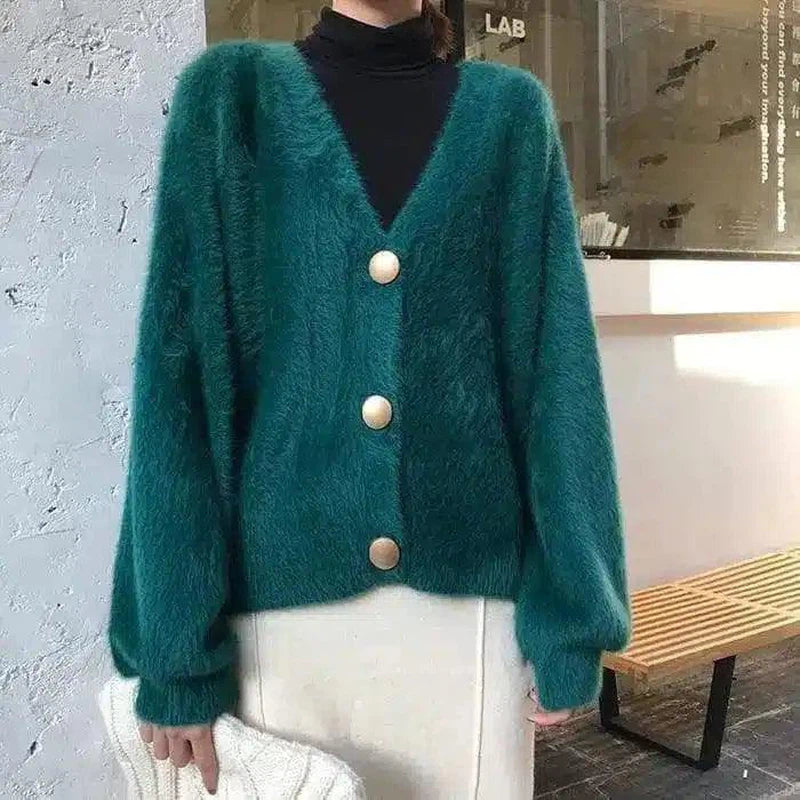 Women's Buttoned Knit Cardigan Sweater-Green-3