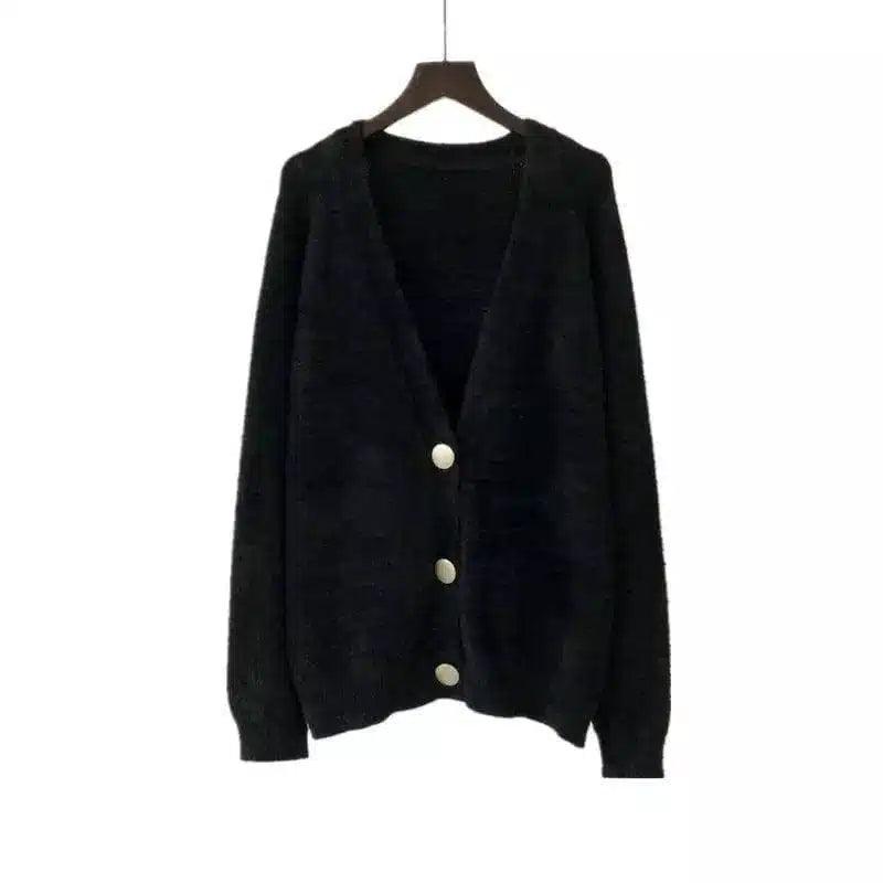 Women's Buttoned Knit Cardigan Sweater-Black-4