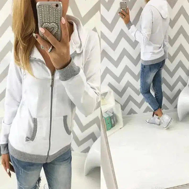 Women's Casual Zip-Up Hoodie with Pockets-White-2